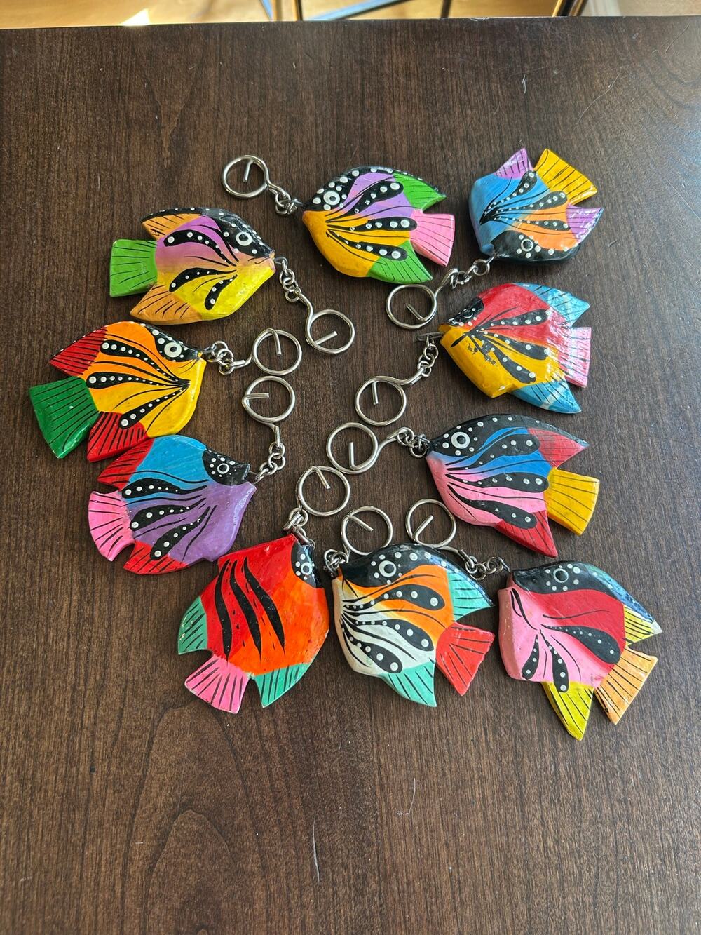 10 vintage hand-painted wooden tropical fish key chains ornaments